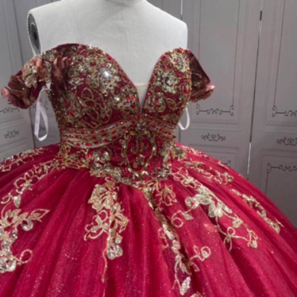 Girls Off-Shoulder Red Ball Gown with Gold Embroidery